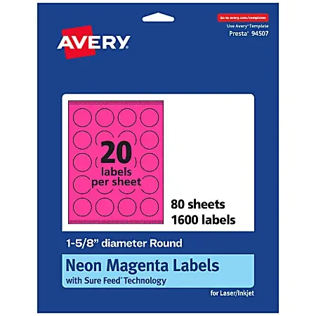 Avery® Print-To-The-Edge Labels With Sure Feed® Technology, 94507-NMP80, Round, 1-5/8″, Matte Neon Magenta, Pack of 1600