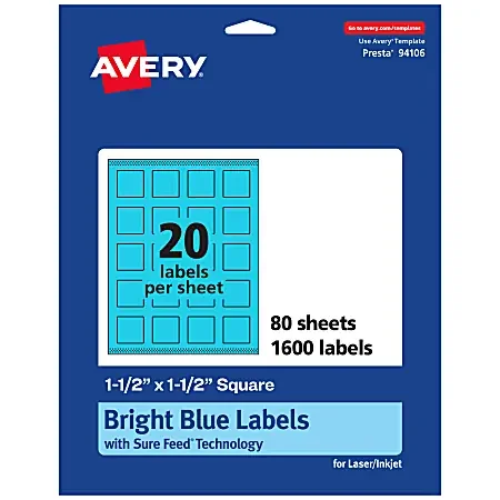 Avery® Print-To-The-Edge Labels With Sure Feed® Technology And Easy Peel®, 94106-BBP80, Square, 1-1/2″ x 1-1/2″, Matte Bright Blue, Pack of 1600