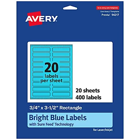 Avery® Print-To-The-Edge Labels With Sure Feed® Technology And Easy Peel®, 94217-BBP20, Rectangle, 3/4″ x 3-1/2″, Matte Bright Blue, Pack of 400