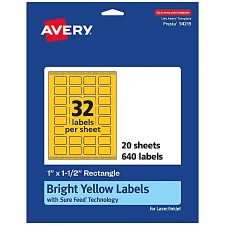 Avery® Print-To-The-Edge Labels With Sure Feed® Technology And Easy Peel®, 94219-BYP20, Rectangle, 1″ x 1-1/2″, Matte Bright Yellow, Pack of 640
