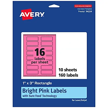 Avery® Print-To-The-Edge Labels With Sure Feed® Technology And Easy Peel®, 94224-BPP10, Rectangle, 1″ x 3″, Matte Bright Pink, Pack of 160