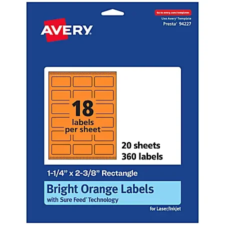 Avery® Print-To-The-Edge Labels With Sure Feed® Technology And Easy Peel®, 94227-BOP20, Rectangle, 1-1/4″ x 2-3/8″, Matte Bright Orange, Pack of 360