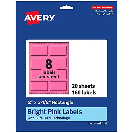 Avery® Print-To-The-Edge Labels With Sure Feed® Technology And Easy Peel®, 94238-BPP20, Rectangle, 2″ x 3-1/2″, Matte Bright Pink, Pack of 160