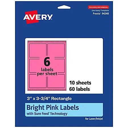 Avery® Print-To-The-Edge Labels With Sure Feed® Technology And Easy Peel®, 94248-BPP10, Rectangle, 3″ x 3-3/4″, Matte Bright Pink, Pack of 60