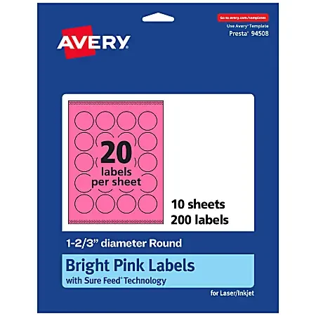 Avery® Print-To-The-Edge Labels With Sure Feed® Technology And Easy Peel® Label Feature, 94508-BPP10, Round, 1-2/3″, Matte Bright Pink, Pack of 200