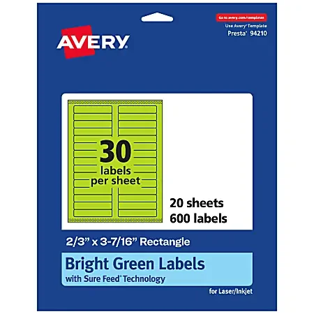 Avery® Printable Labels With Sure Feed® Technology, 94210-BGP20, Rectangle, 2/3″ x 3-7/16″, Matte Bright Green, Pack of 600