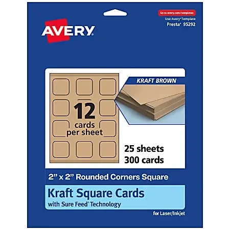 Avery® Printable Note Cards With Sure Feed® Technology, 2″ x 2″ Square Rounded Corners, Kraft Brown, Pack Of 300