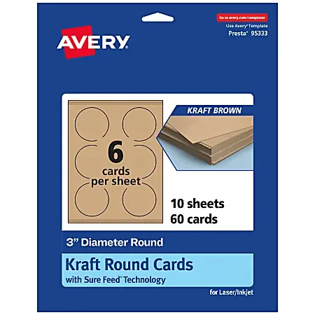 Avery® Printable Note Cards With Sure Feed® Technology, 3″ Round, Kraft Brown, Pack Of 60