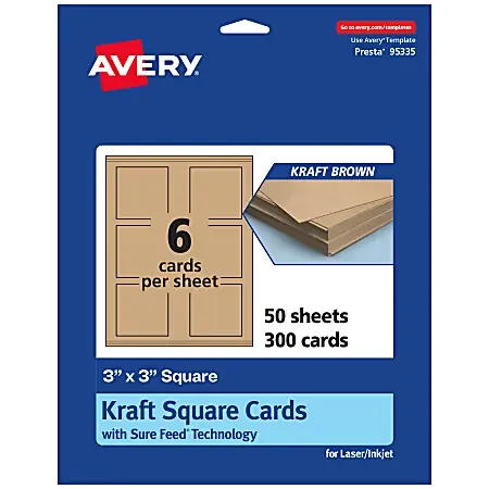 Avery® Printable Note Cards With Sure Feed® Technology, 3″ x 3″ Square, Kraft Brown, Pack Of 300