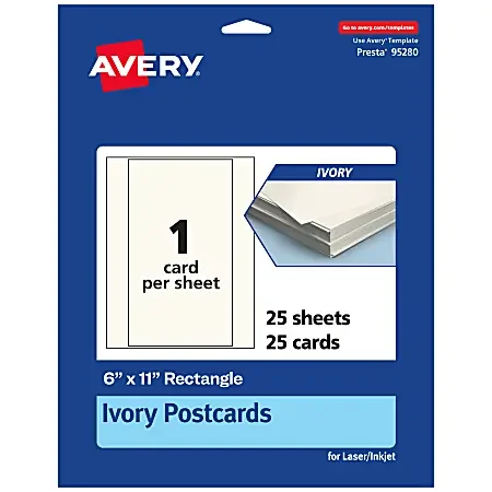 Avery® Printable Postcards, 95280-MIC25, Rectangle, 6″ x 11″, Matte Ivory, Pack Of 25
