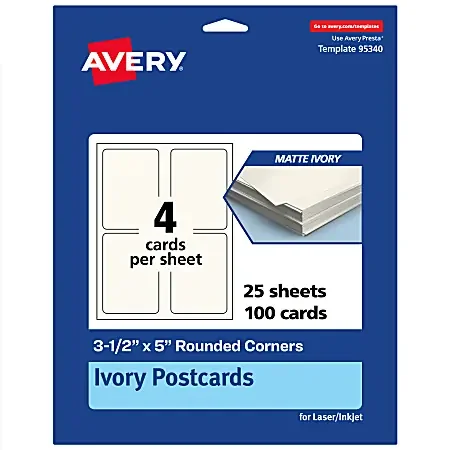Avery® Printable Postcards With Sure Feed® Technology, 3-1/2″ x 5″ Rectangle Rounded Corners, Matte Ivory, Pack Of 100