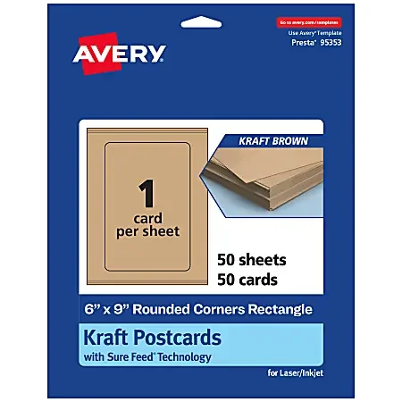 Avery® Printable Postcards With Sure Feed® Technology, 6″ x 9″ Rectangle Rounded Corners, Kraft Brown, Pack Of 50