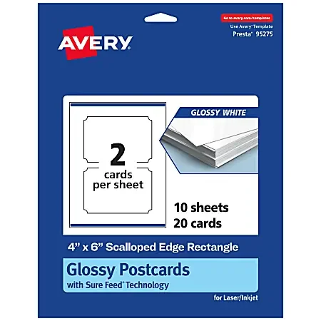 Avery® Printable Postcards With Sure Feed® Technology, 95275-GWC10, Rectangle Scalloped, 4″ x 6″, Glossy White, Pack Of 20