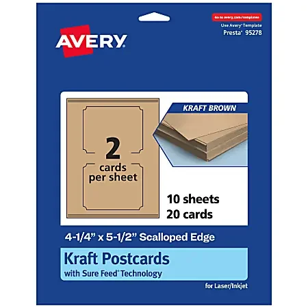 Avery® Printable Postcards With Sure Feed® Technology, 95278-KMC10, Rectangle Scalloped, 4.25″ x 5.5″, Kraft Brown, Pack Of 20
