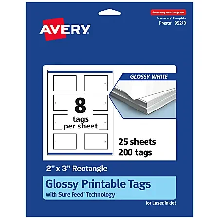 Avery® Printable Tags With Sure Feed® Technology, 95270-GWT25, Rectangle, 2″ x 3″, Glossy White, Pack Of 200