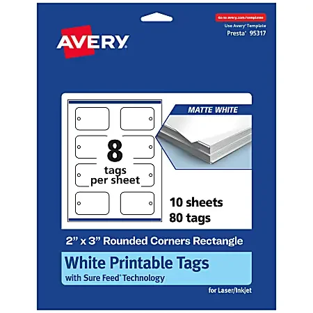Avery® Printable Tags With Sure Feed® Technology, Print-To-The-Edge, 2″x3″, Matte White, Pack Of 80