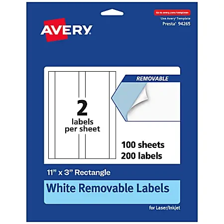 Avery® Removable Labels, 94265-RMP100, Rectangle, 11″ x 3″, White, Pack Of 200 Labels