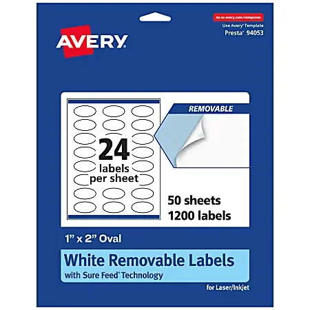 Avery® Removable Labels With Sure Feed®, 94053-RMP50, Oval, 1″ x 2″, White, Pack Of 1,200 Labels