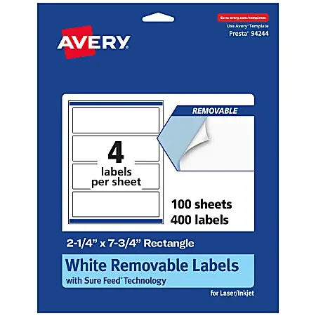 Avery® Removable Labels With Sure Feed®, 94244-RMP100, Rectangle, 2-1/4″ x 7-3/4″, White, Pack Of 400 Labels
