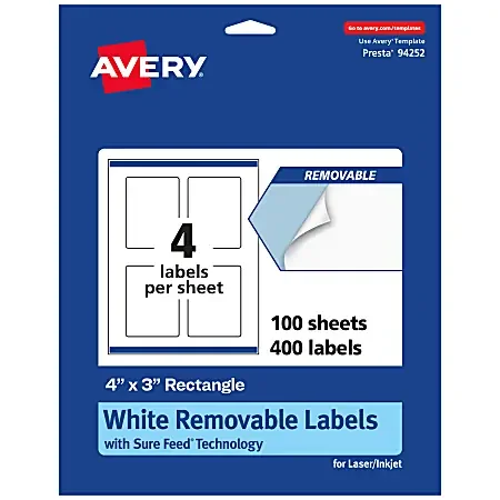 Avery® Removable Labels With Sure Feed®, 94252-RMP100, Rectangle, 4″ x 3″, White, Pack Of 400 Labels