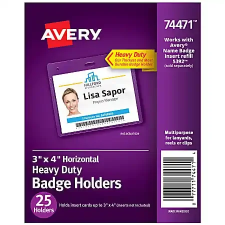 Avery® Secure Top Badge Holders, Horizontal Prepunched, 3″ x 4″ Badge, Clear, Box Of 25