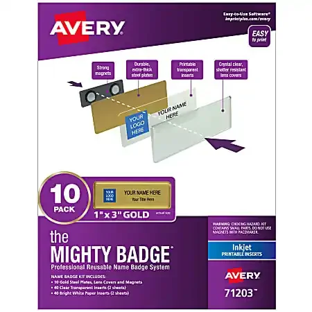 Avery® The Mighty Badge Magnetic Badges For Inkjet Printers, 1″ x 3″, Gold, Pack Of 10 Badges