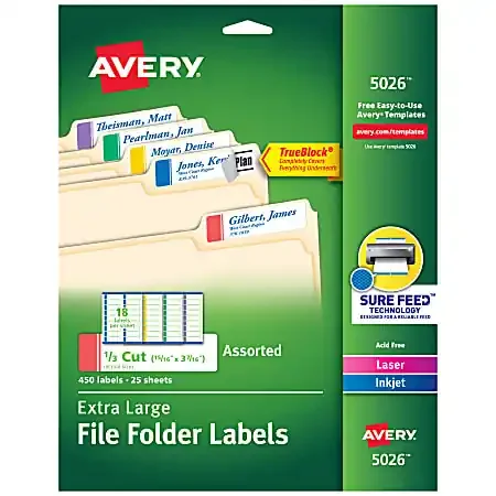 Avery® TrueBlock® Extra-Large Permanent Inkjet/Laser File Folder Labels, 5026, 15/16″ x 3 7/16″, Assorted Colors, Pack Of 450