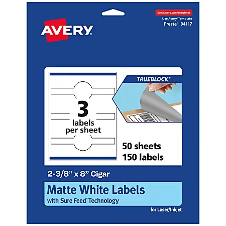 Avery® TrueBlock® Labels With Sure Feed®, 94117-TWMP50, Cigar, 2-3/8″ x 8″, Matte White, Pack Of 150