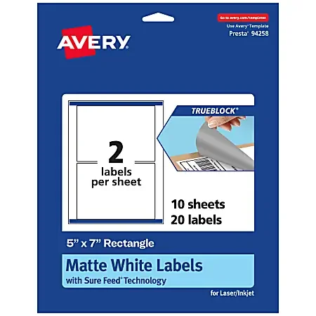 Avery® TrueBlock® Labels With Sure Feed®, 94258-TWMP10, Rectangle, 5″ x 7″, Matte White, Pack Of 20