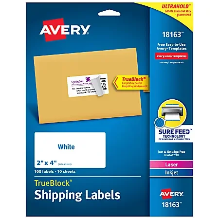 Avery® TrueBlock® Shipping Labels With Sure Feed® Technology, 18163, Rectangle, 2″ x 4″, White, Pack Of 100