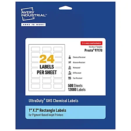 Avery® Ultra Duty® Permanent GHS Chemical Labels, 97178-WMUI500, Rectangle, 1″ x 2″, White, Pack Of 12,000