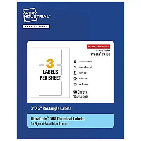 Avery® Ultra Duty® Permanent GHS Chemical Labels, 97186-WMUI50, Rectangle, 3″ x 5″, White, Pack Of 150