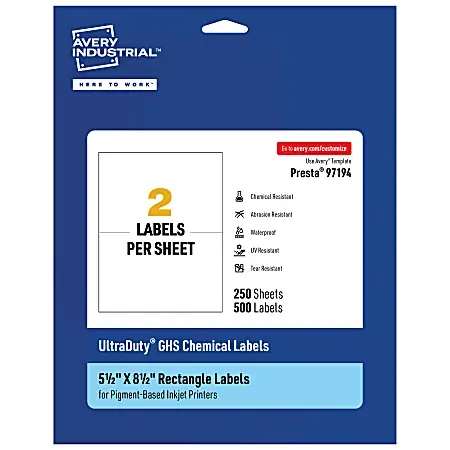 Avery® Ultra Duty® Permanent GHS Chemical Labels, 97194-WMUI250, Rectangle, 5-1/2″ x 8-1/2″, White, Pack Of 500