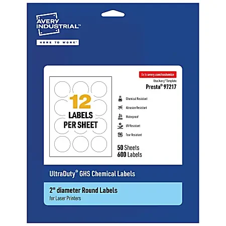 Avery® Ultra Duty® Permanent GHS Chemical Labels, 97217-WMU50, Round, 2″ Diameter, White, Pack Of 600