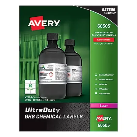 Avery® UltraDuty™ GHS Chemical Labels, AVE60505, 2″ x 4″, White, Box Of 500