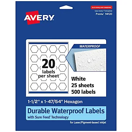 Avery® Waterproof Permanent Labels With Sure Feed®, 94120-WMF25, Hexagon, 1-1/2″ x 1-47/54″, White, Pack Of 500