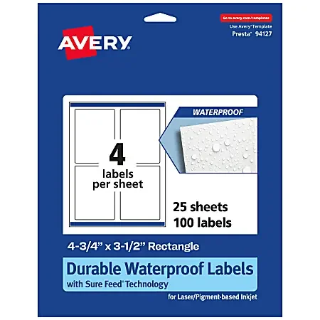 Avery® Waterproof Permanent Labels With Sure Feed®, 94127-WMF25, Rectangle, 4-3/4″ x 3-1/2″, White, Pack Of 100