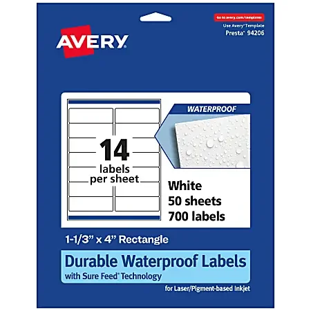Avery® Waterproof Permanent Labels With Sure Feed®, 94206-WMF50, Rectangle, 1-1/3″ x 4″, White, Pack Of 700