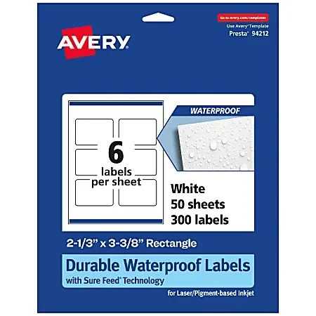 Avery® Waterproof Permanent Labels With Sure Feed®, 94212-WMF50, Rectangle, 2-1/3″ x 3-3/8″, White, Pack Of 300