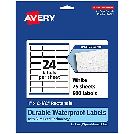 Avery® Waterproof Permanent Labels With Sure Feed®, 94221-WMF25, Rectangle, 1″ x 2-1/2″, White, Pack Of 600