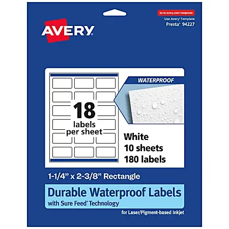 Avery® Waterproof Permanent Labels With Sure Feed®, 94227-WMF10, Rectangle, 1-1/4″ x 2-3/8″, White, Pack Of 180