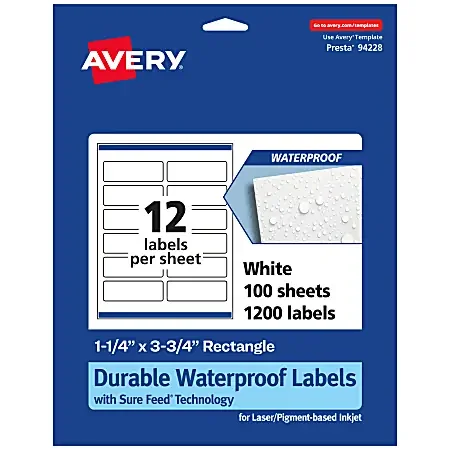 Avery® Waterproof Permanent Labels With Sure Feed®, 94228-WMF100, Rectangle, 1-1/4″ x 3-3/4″, White, Pack Of 1,200