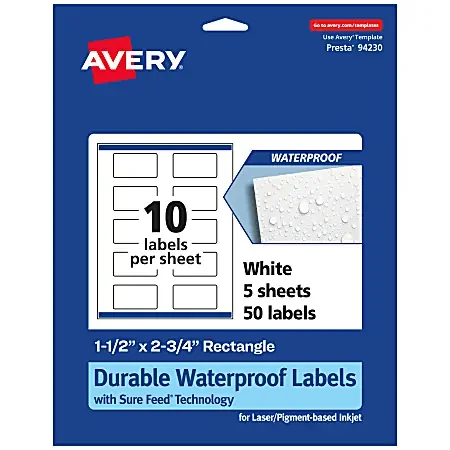 Avery® Waterproof Permanent Labels With Sure Feed®, 94230-WMF5, Rectangle, 1-1/2″ x 2-3/4″, White, Pack Of 50