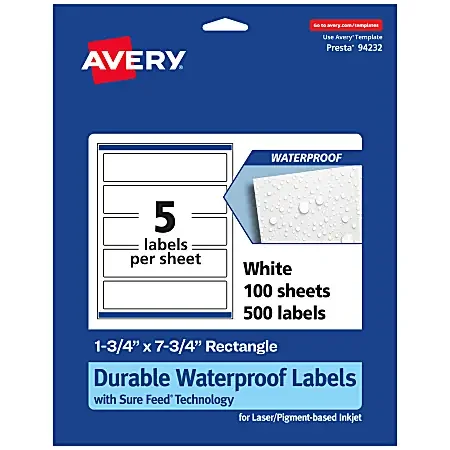 Avery® Waterproof Permanent Labels With Sure Feed®, 94232-WMF100, Rectangle, 1-3/4″ x 7-3/4″, White, Pack Of 500