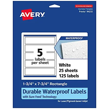 Avery® Waterproof Permanent Labels With Sure Feed®, 94232-WMF25, Rectangle, 1-3/4″ x 7-3/4″, White, Pack Of 125