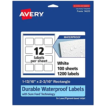 Avery® Waterproof Permanent Labels With Sure Feed®, 94233-WMF100, Rectangle, 1-13/16″ x 2-3/16″, White, Pack Of 1,200