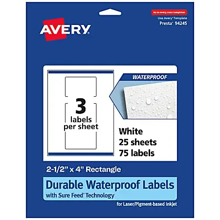 Avery® Waterproof Permanent Labels With Sure Feed®, 94245-WMF25, Rectangle, 2-1/2″ x 4″, White, Pack Of 75