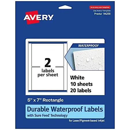Avery® Waterproof Permanent Labels With Sure Feed®, 94258-WMF10, Rectangle, 5″ x 7″, White, Pack Of 20