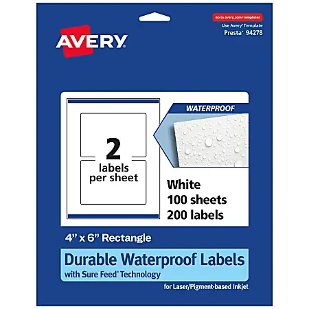Avery® Waterproof Permanent Labels With Sure Feed®, 94278-WMF100, Rectangle, 4″ x 6″, White, Pack Of 200
