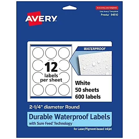Avery® Waterproof Permanent Labels With Sure Feed®, 94510-WMF50, Round, 2-1/4″ Diameter, White, Pack Of 600